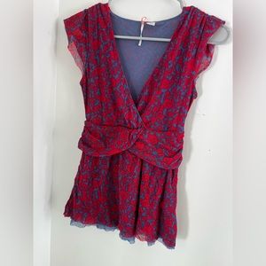 Anthropologie RicRac blue red floral blouse small spring